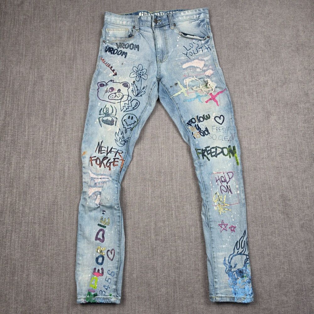 Grindhouse Denim Mens 30 Graphic Graffiti Print Distressed Light Wash Slim Jeans